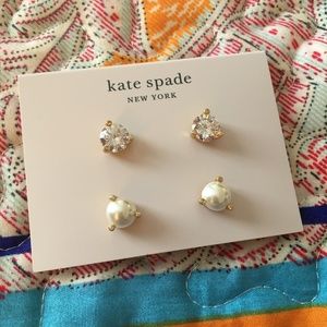 NWT KATE SPADE NEW YORK Rise and Shine Earrings 2 Piece CZ & Faux Pearl Set.